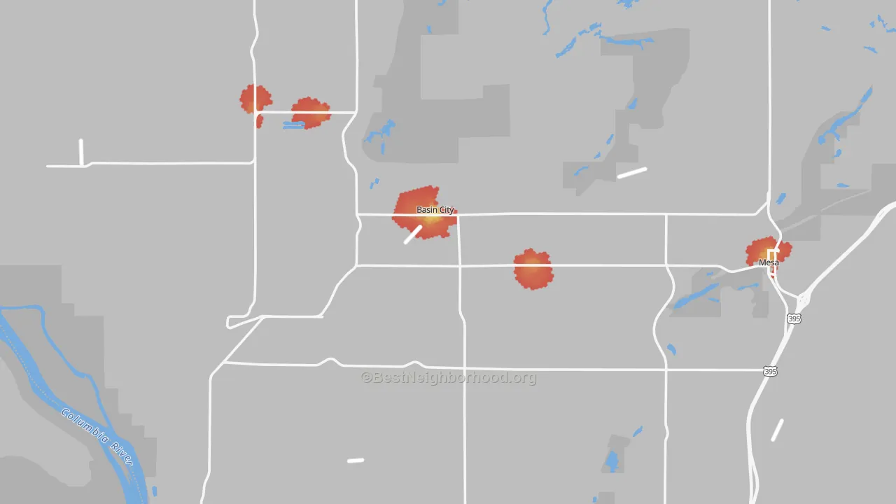 Walk Grade map of 99343, WA, walkable areas in green and car-dependent areas in red