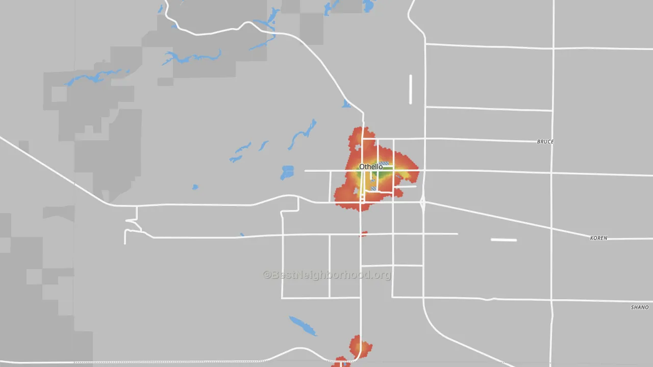 Walk Grade map of 99344, WA, walkable areas in green and car-dependent areas in red