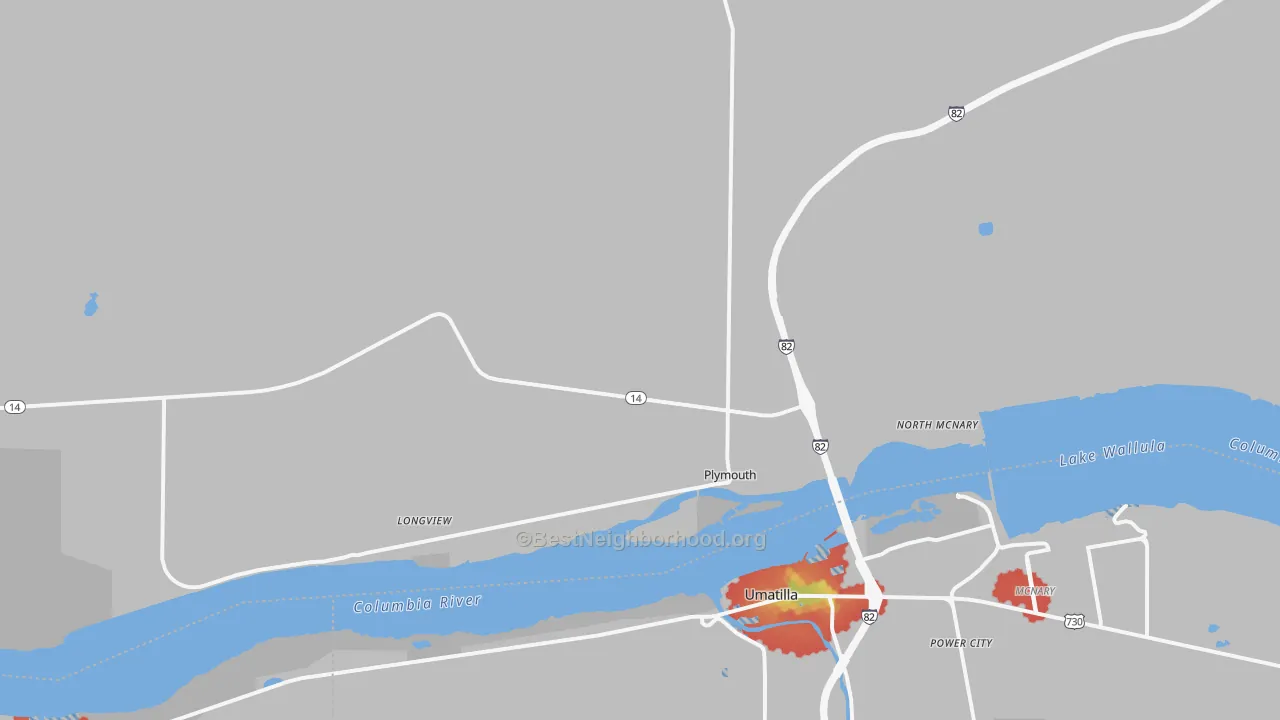 Walk Grade map of 99346, WA, walkable areas in green and car-dependent areas in red