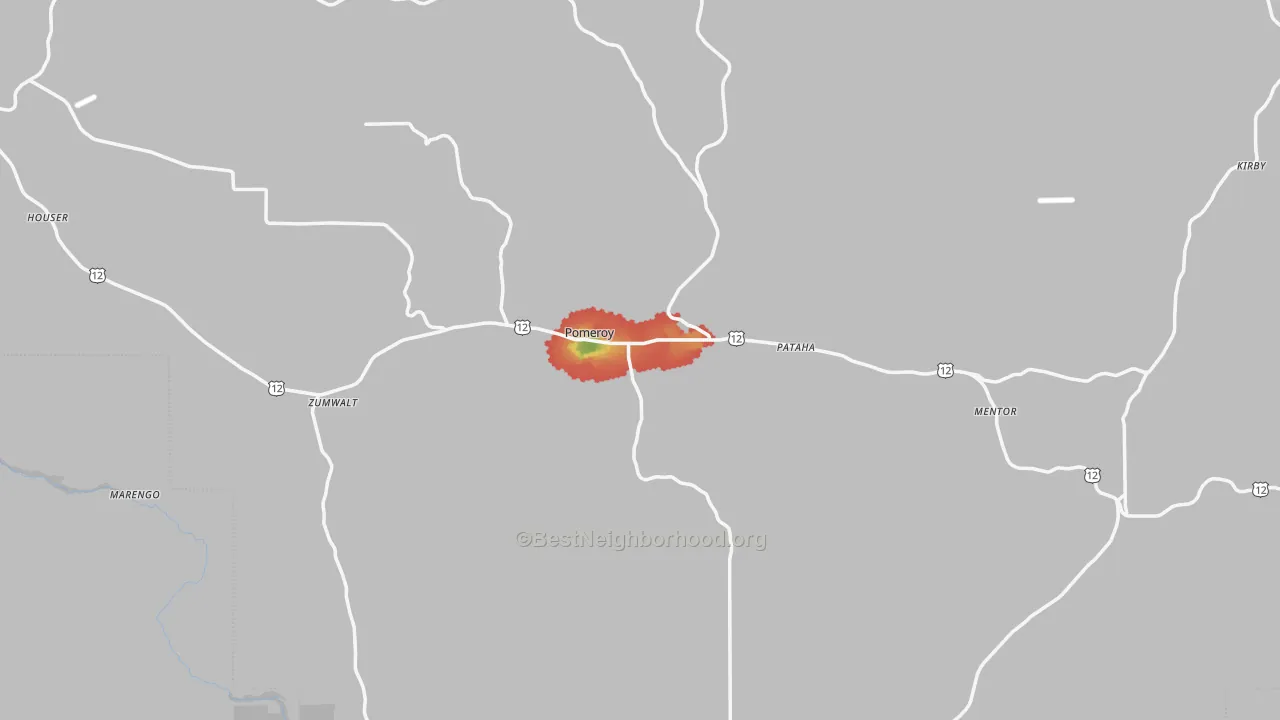 Walk Grade map of 99347, WA, walkable areas in green and car-dependent areas in red