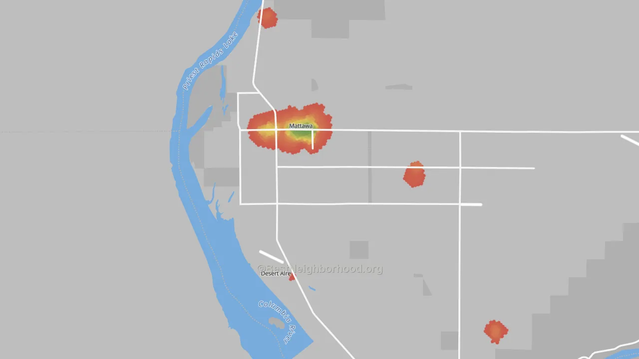 Walk Grade map of 99349, WA, walkable areas in green and car-dependent areas in red