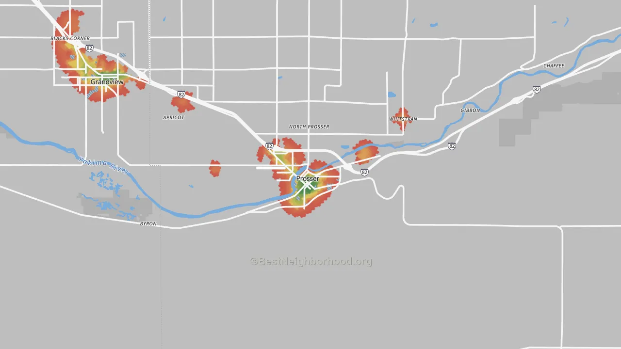 Walk Grade map of 99350, WA, walkable areas in green and car-dependent areas in red