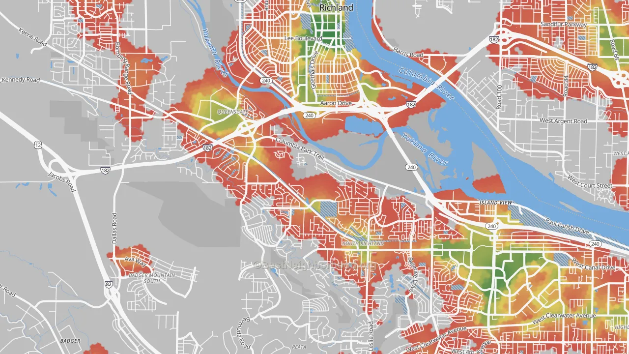Walk Grade map of 99352, WA, walkable areas in green and car-dependent areas in red