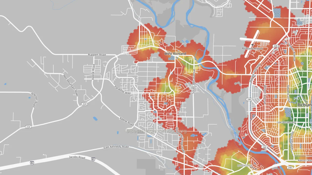 Walk Grade map of 99353, WA, walkable areas in green and car-dependent areas in red