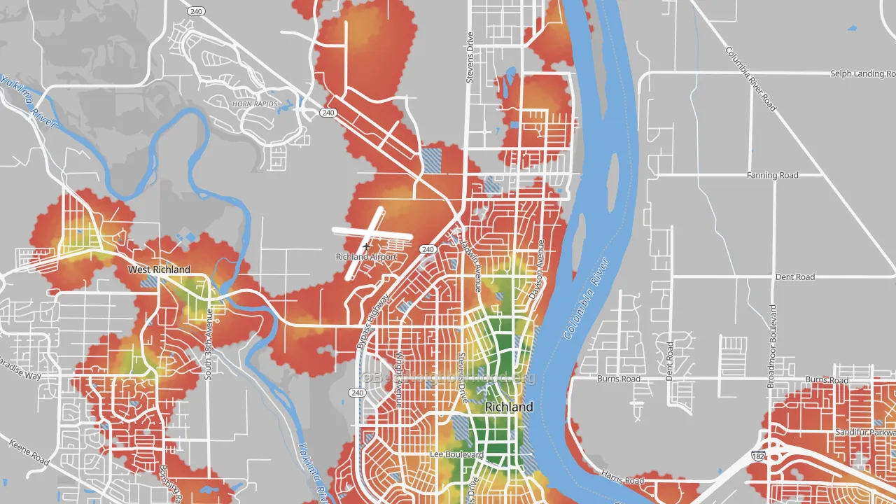 Walk Grade map of 99354, WA, walkable areas in green and car-dependent areas in red