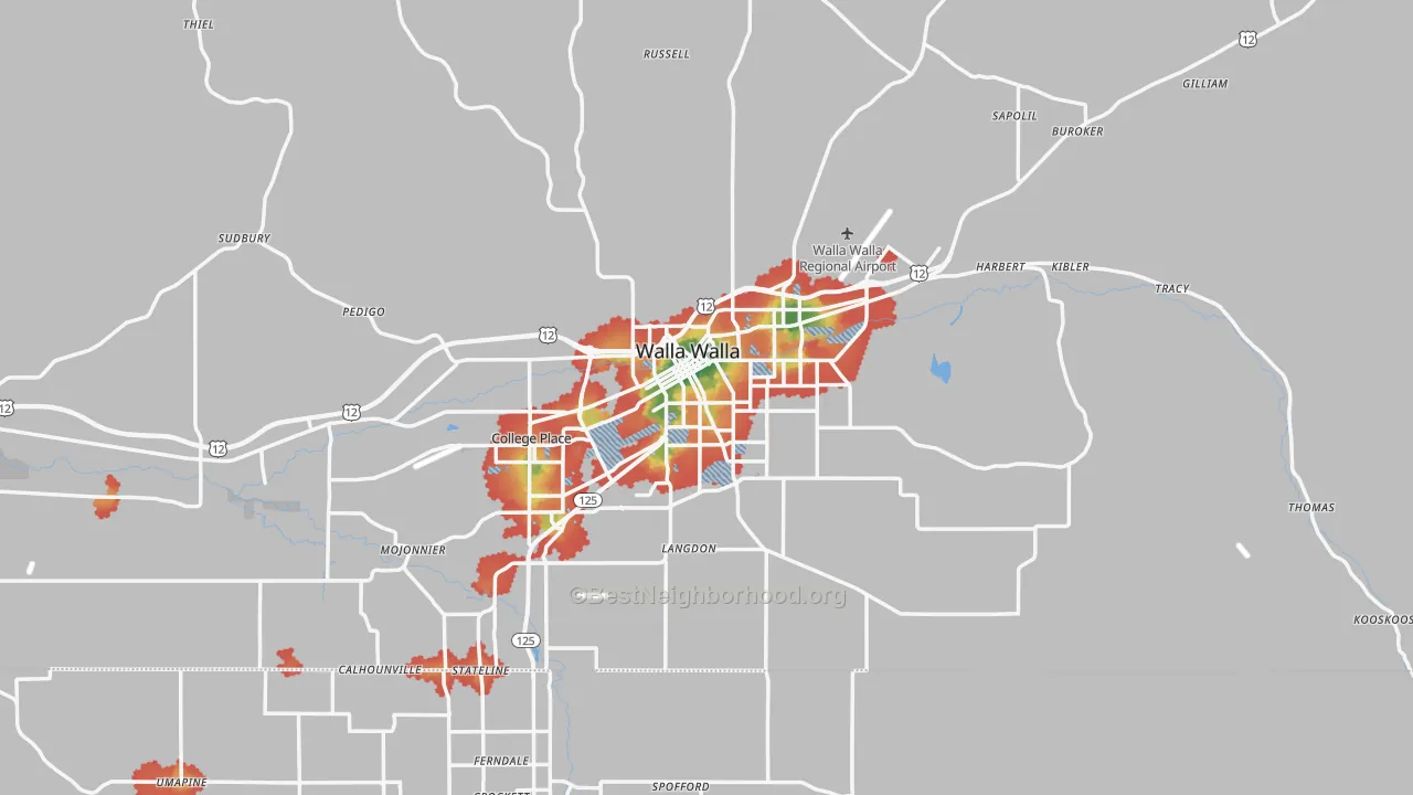 Walk Grade map of 99362, WA, walkable areas in green and car-dependent areas in red