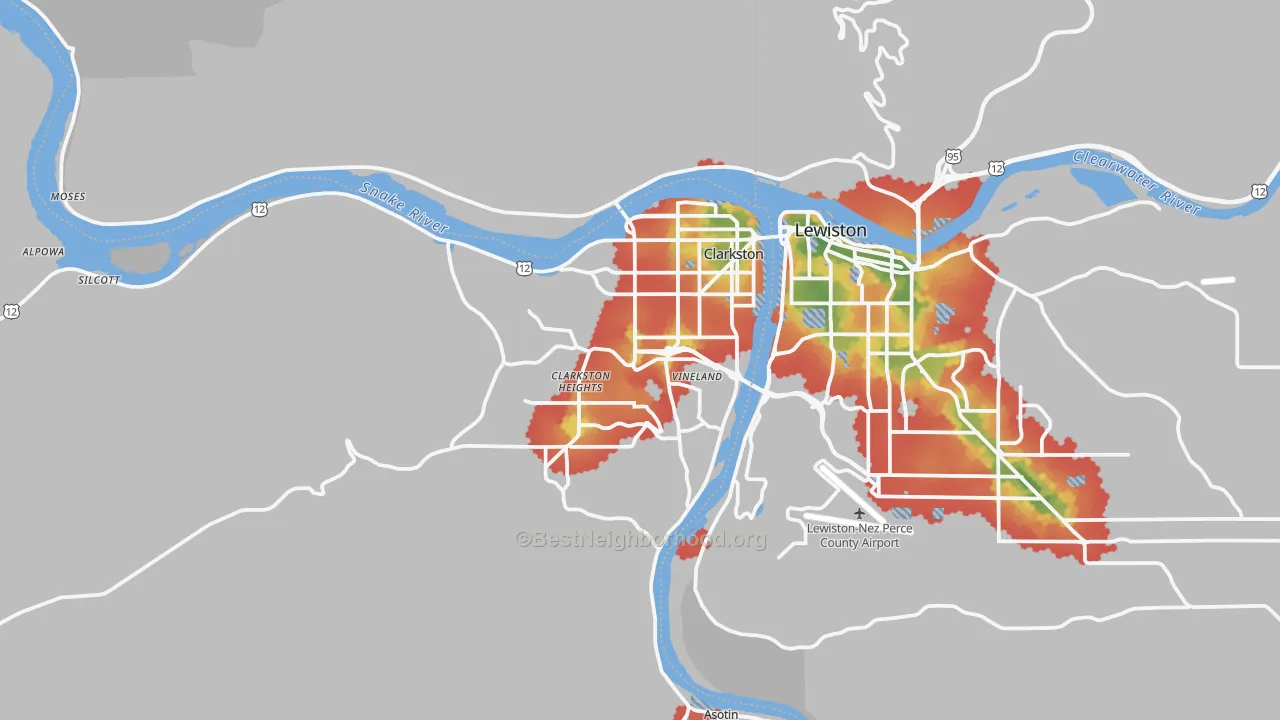 Walk Grade map of 99403, WA, walkable areas in green and car-dependent areas in red