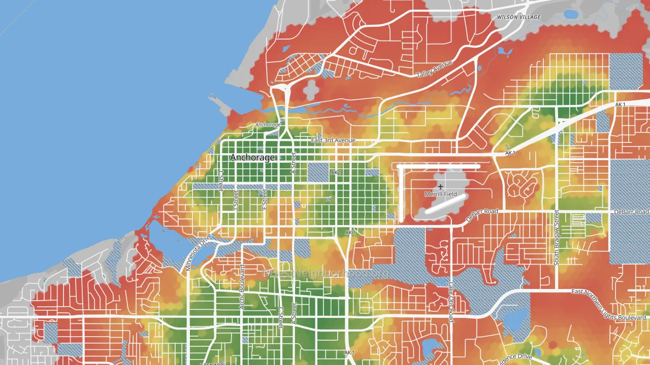 Walk Grade map of 99501, AK, walkable areas in green and car-dependent areas in red