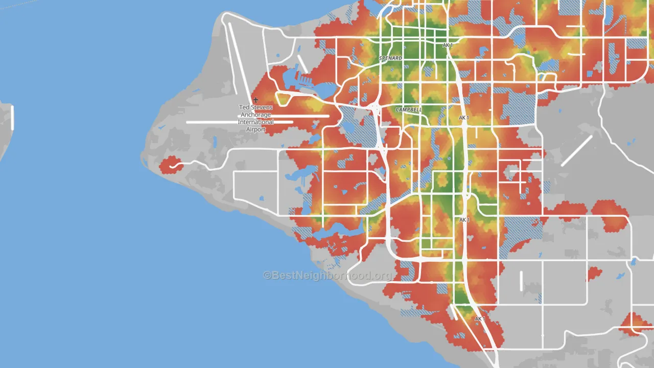 Walk Grade map of 99502, AK, walkable areas in green and car-dependent areas in red