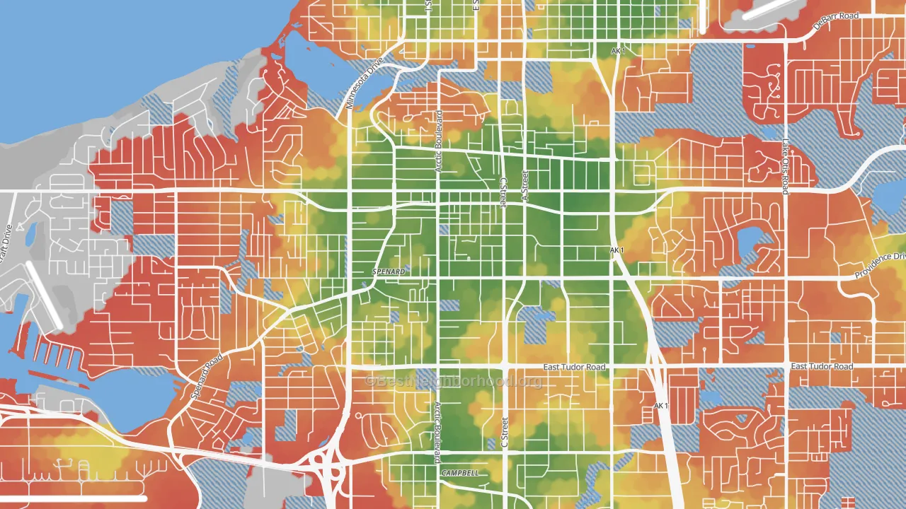 Walk Grade map of 99503, AK, walkable areas in green and car-dependent areas in red