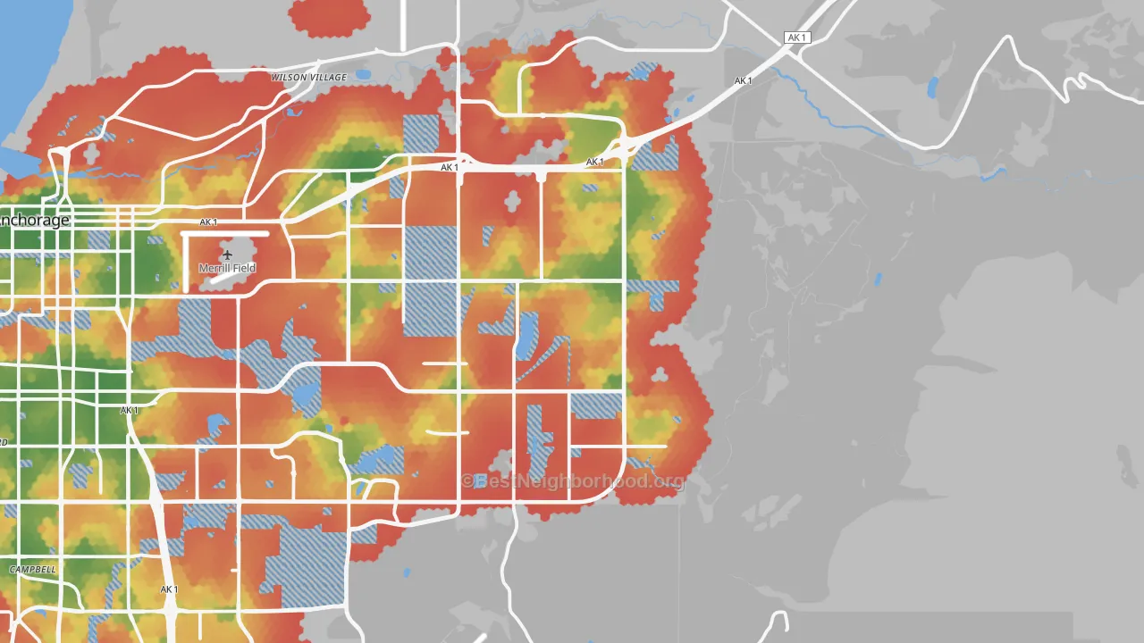 Walk Grade map of 99504, AK, walkable areas in green and car-dependent areas in red