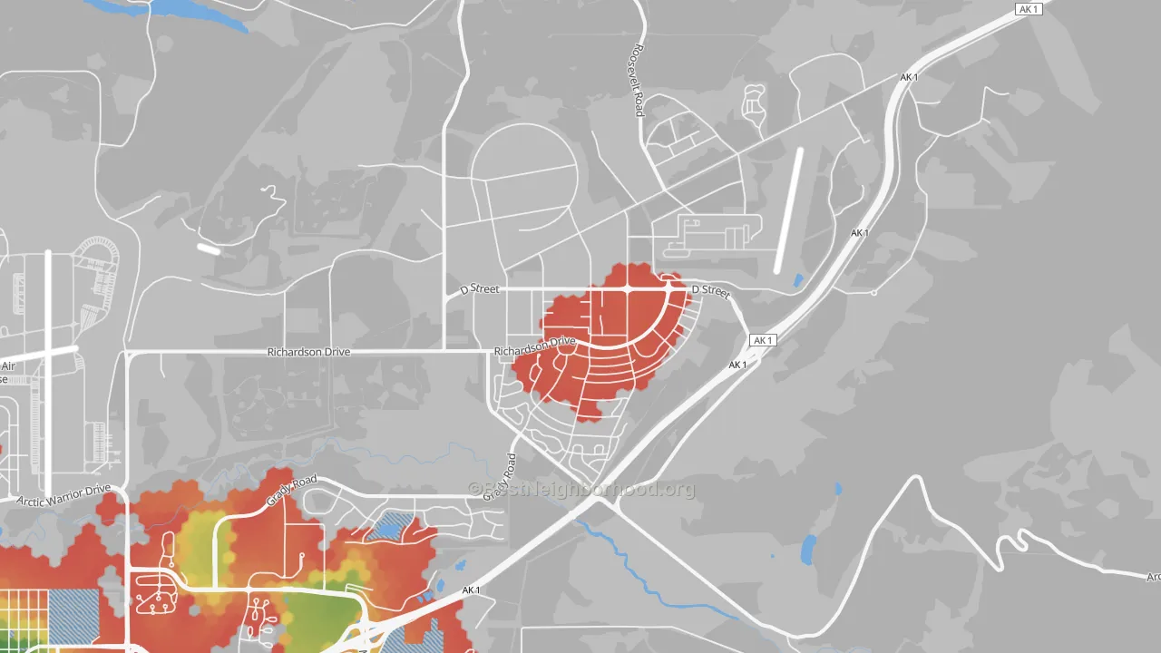 Walk Grade map of 99505, AK, walkable areas in green and car-dependent areas in red