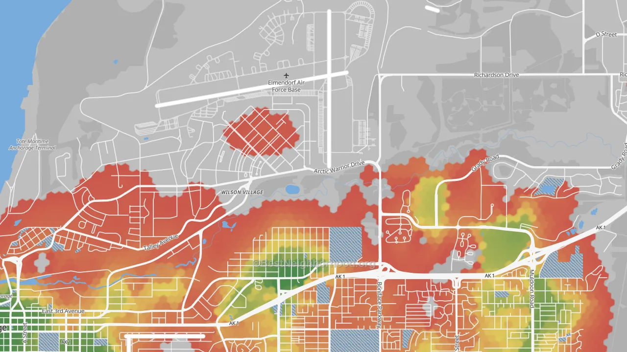 Walk Grade map of 99506, AK, walkable areas in green and car-dependent areas in red