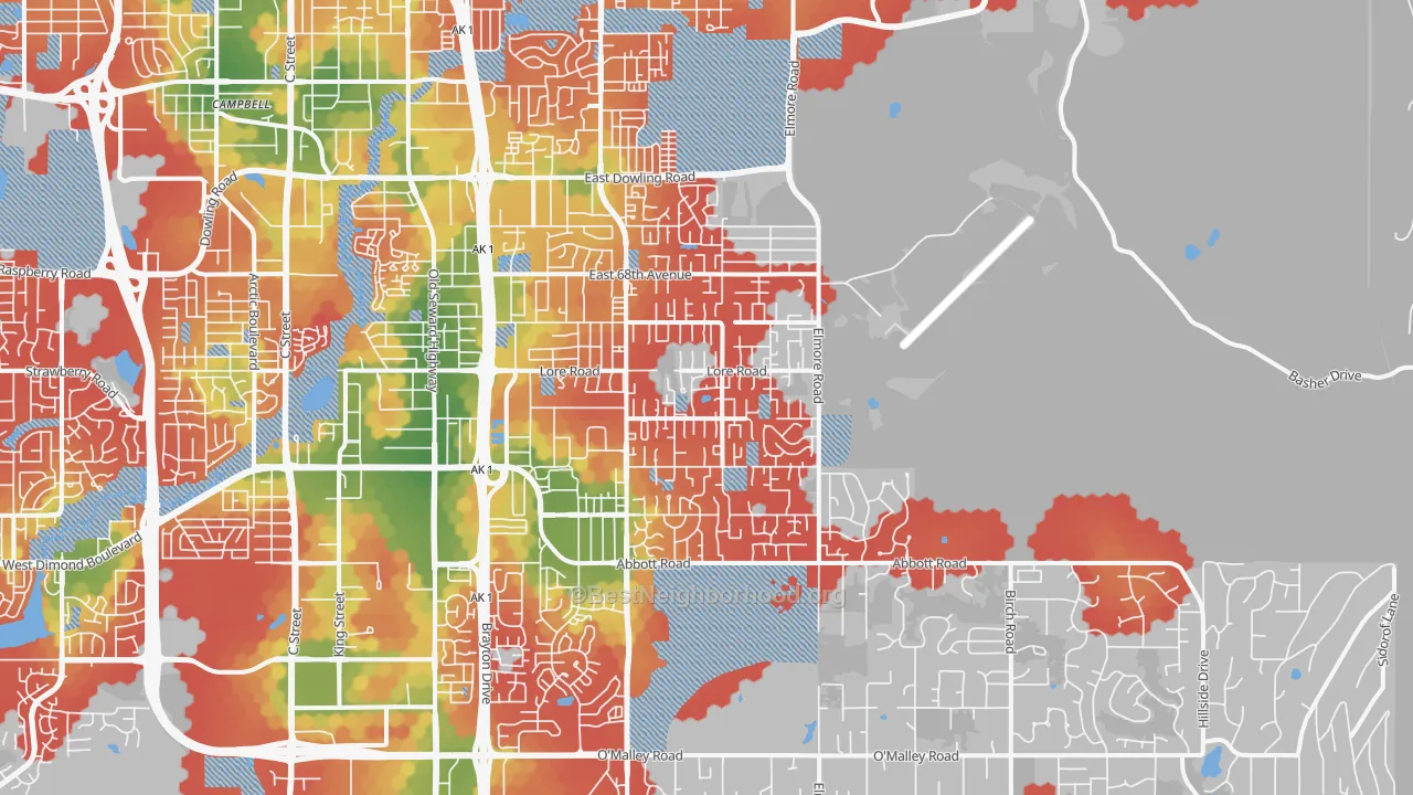 Walk Grade map of 99507, AK, walkable areas in green and car-dependent areas in red