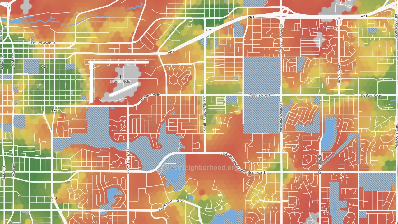 Walk Grade map of 99508, AK, walkable areas in green and car-dependent areas in red