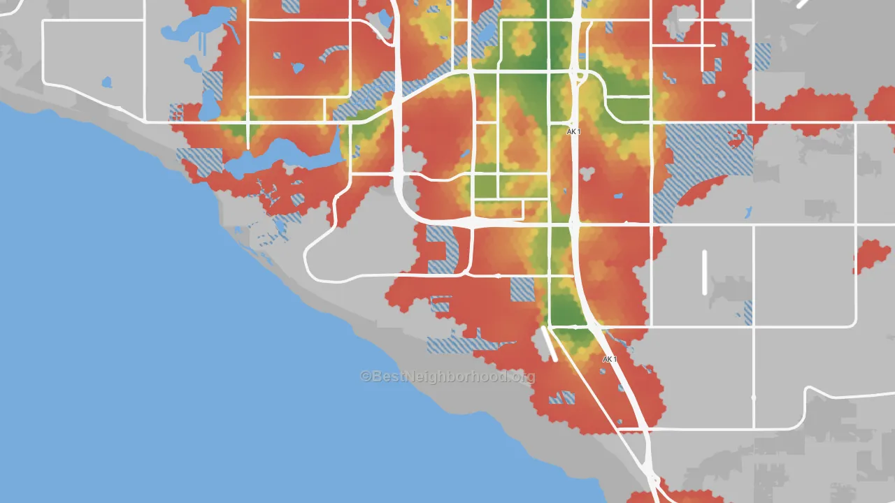 Walk Grade map of 99515, AK, walkable areas in green and car-dependent areas in red