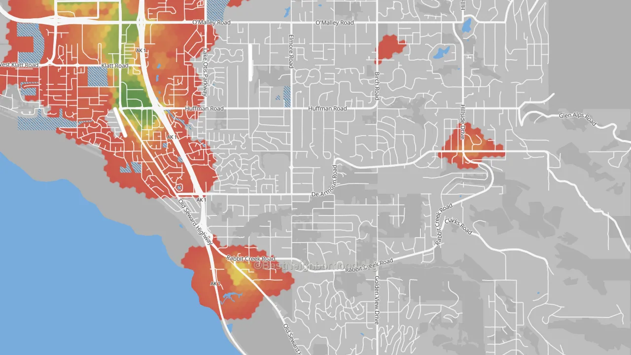 Walk Grade map of 99516, AK, walkable areas in green and car-dependent areas in red