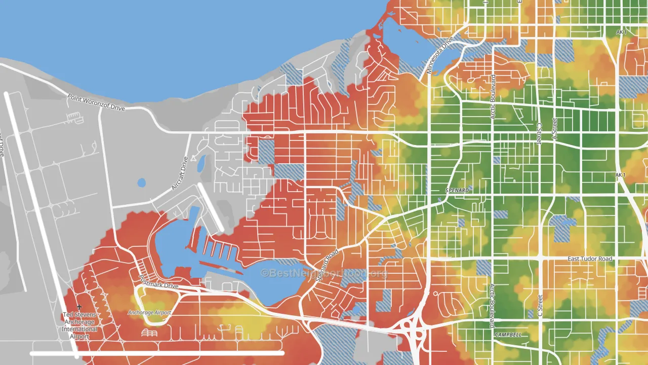 Walk Grade map of 99517, AK, walkable areas in green and car-dependent areas in red
