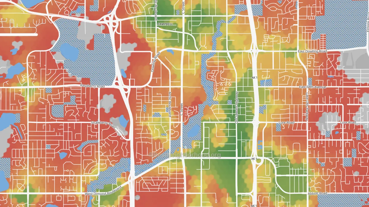 Walk Grade map of 99518, AK, walkable areas in green and car-dependent areas in red
