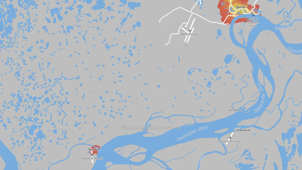 Walk Grade map of 99559, AK, walkable areas in green and car-dependent areas in red