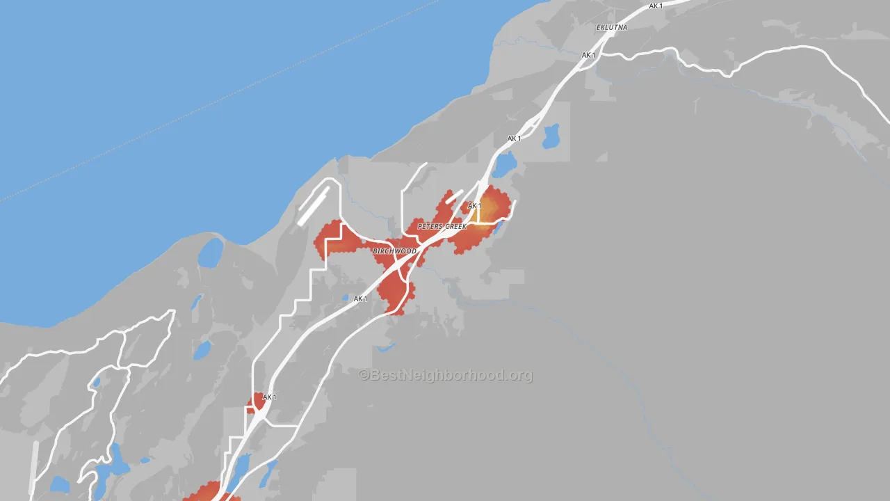 Walk Grade map of 99567, AK, walkable areas in green and car-dependent areas in red
