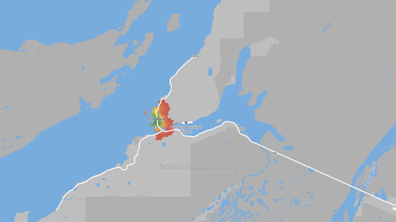 Walk Grade map of 99574, AK, walkable areas in green and car-dependent areas in red