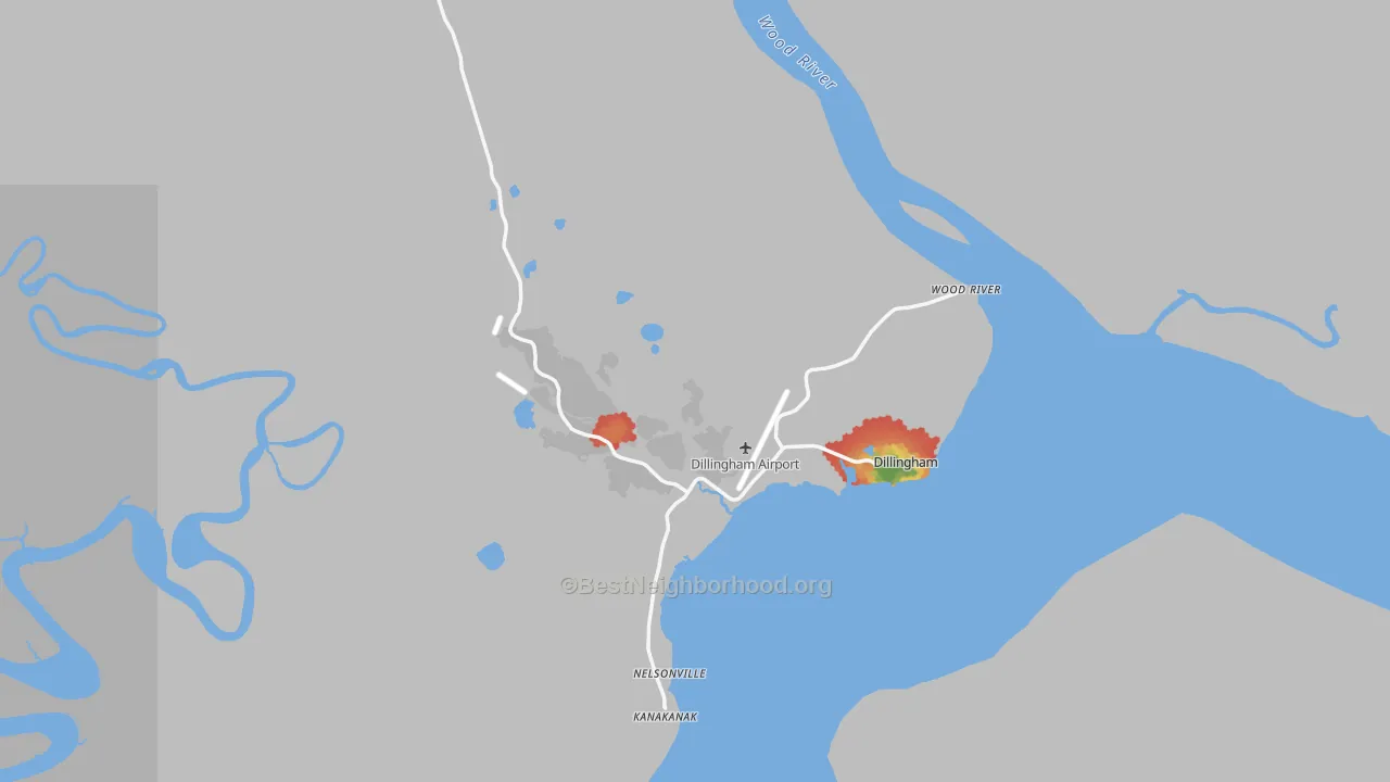 Walk Grade map of 99576, AK, walkable areas in green and car-dependent areas in red
