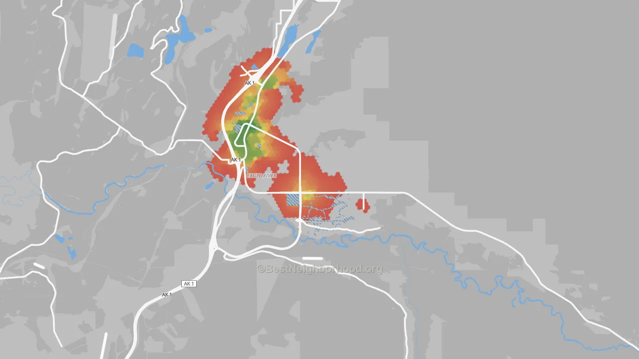 Walk Grade map of 99577, AK, walkable areas in green and car-dependent areas in red