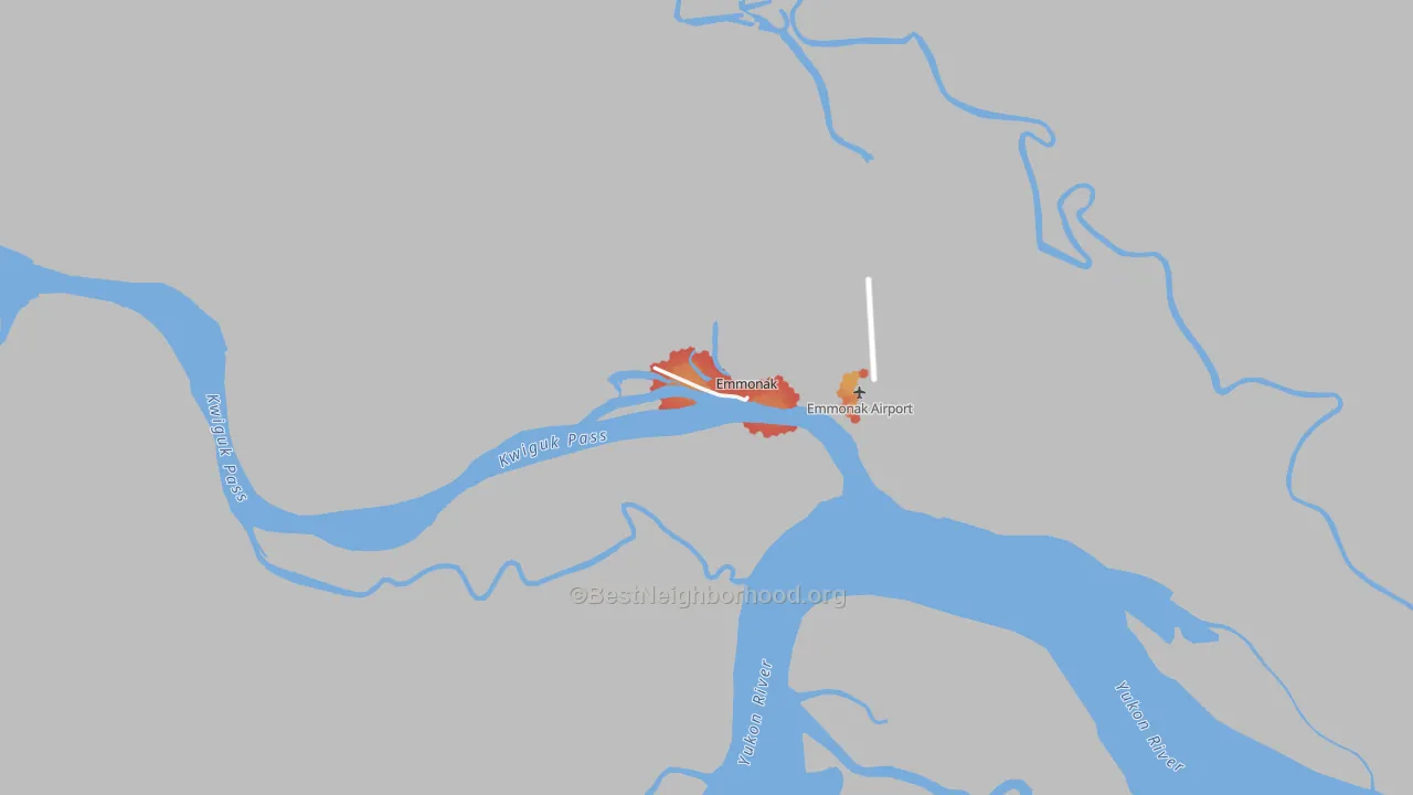 Walk Grade map of 99581, AK, walkable areas in green and car-dependent areas in red
