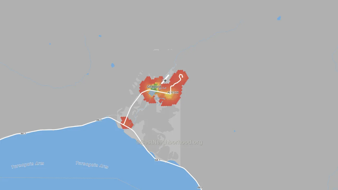 Walk Grade map of 99587, AK, walkable areas in green and car-dependent areas in red