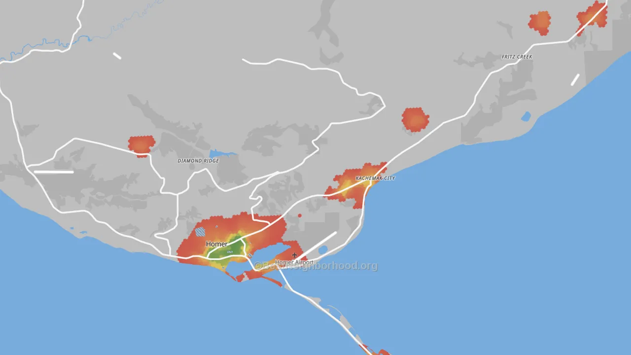 Walk Grade map of 99603, AK, walkable areas in green and car-dependent areas in red
