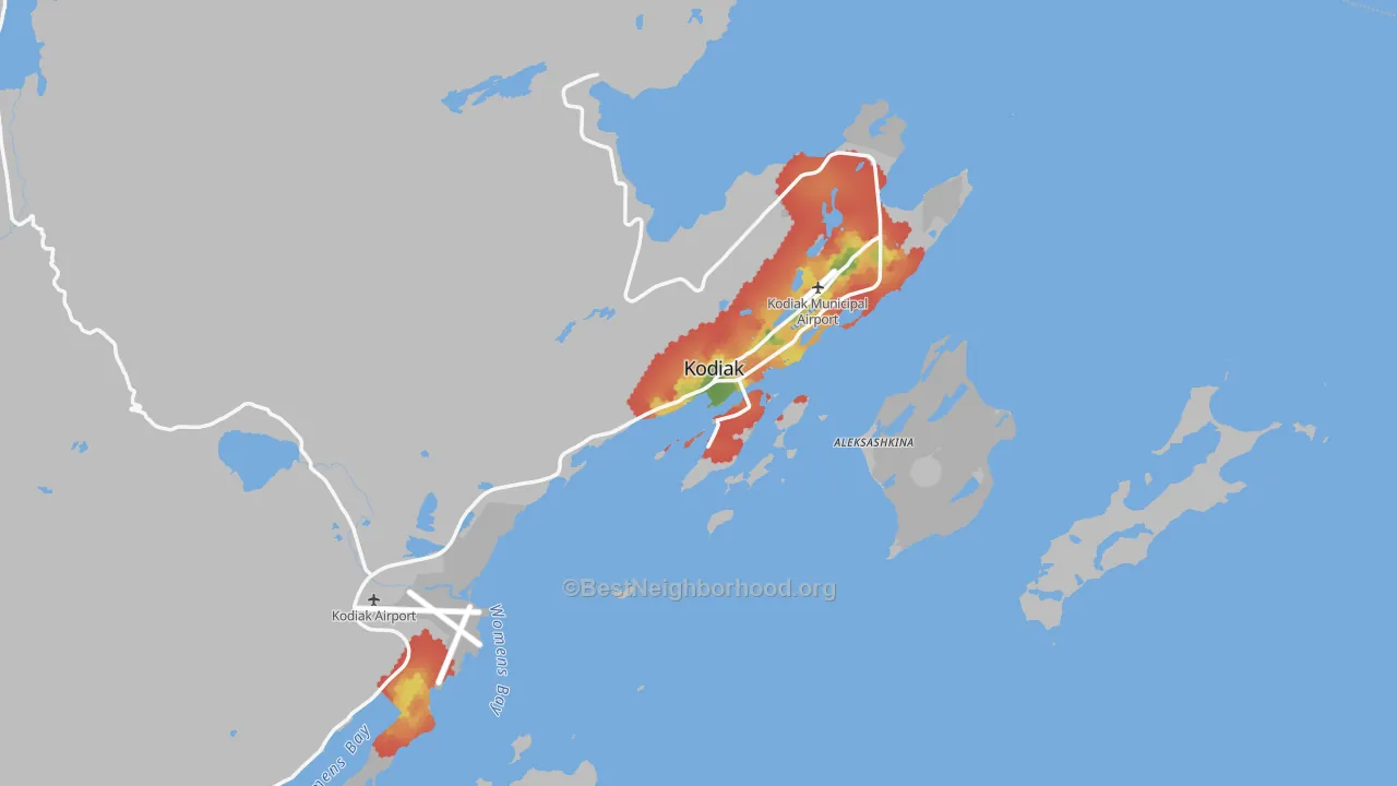 Walk Grade map of 99615, AK, walkable areas in green and car-dependent areas in red