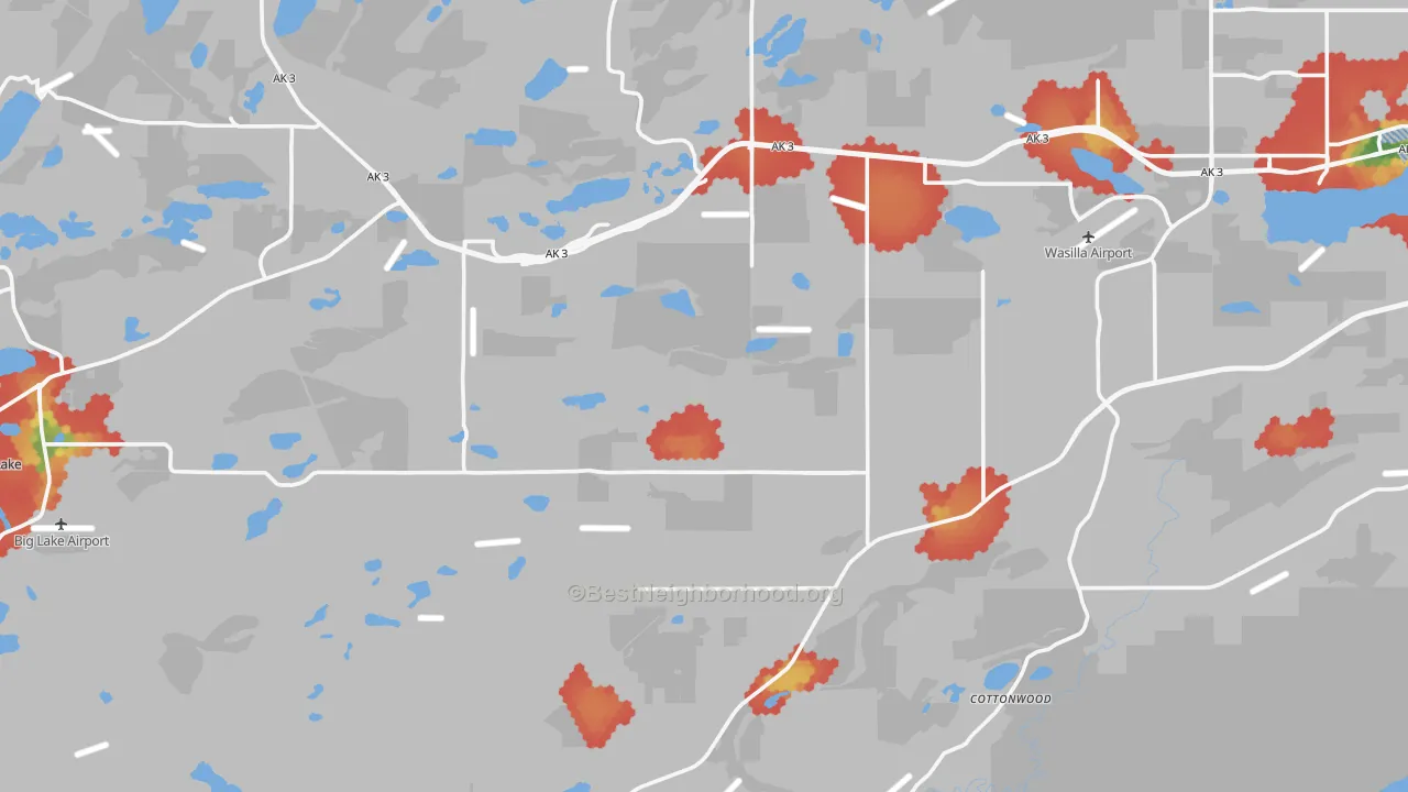 Walk Grade map of 99623, AK, walkable areas in green and car-dependent areas in red