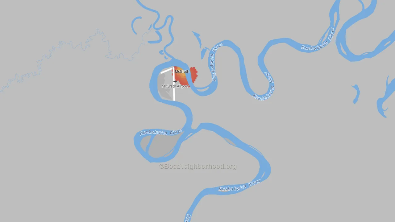 Walk Grade map of 99627, AK, walkable areas in green and car-dependent areas in red