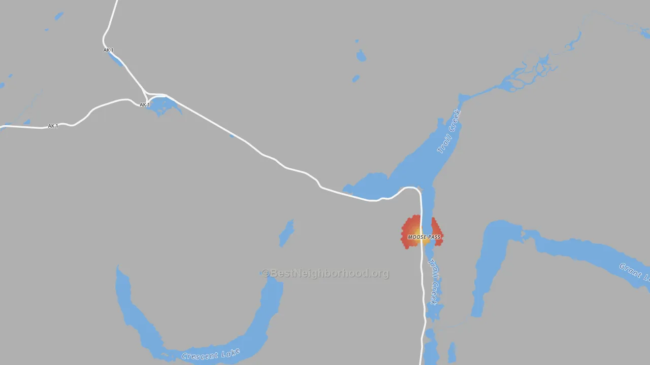 Walk Grade map of 99631, AK, walkable areas in green and car-dependent areas in red