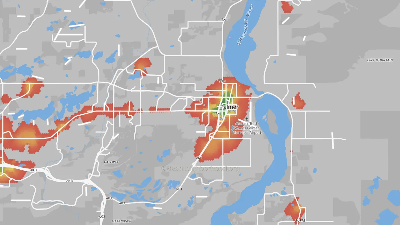 Walk Grade map of 99645, AK, walkable areas in green and car-dependent areas in red