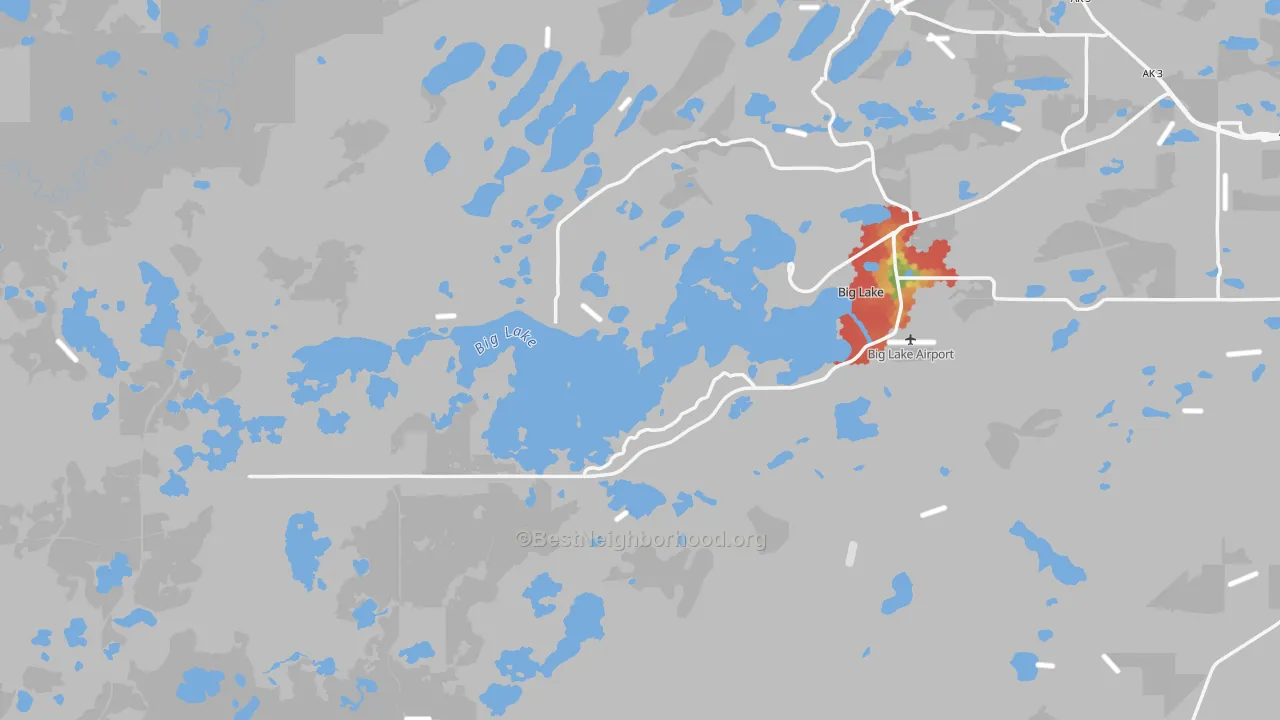Walk Grade map of 99652, AK, walkable areas in green and car-dependent areas in red