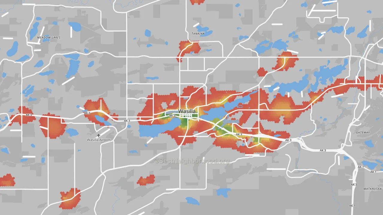 Walk Grade map of 99654, AK, walkable areas in green and car-dependent areas in red