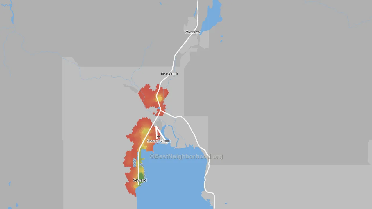 Walk Grade map of 99664, AK, walkable areas in green and car-dependent areas in red