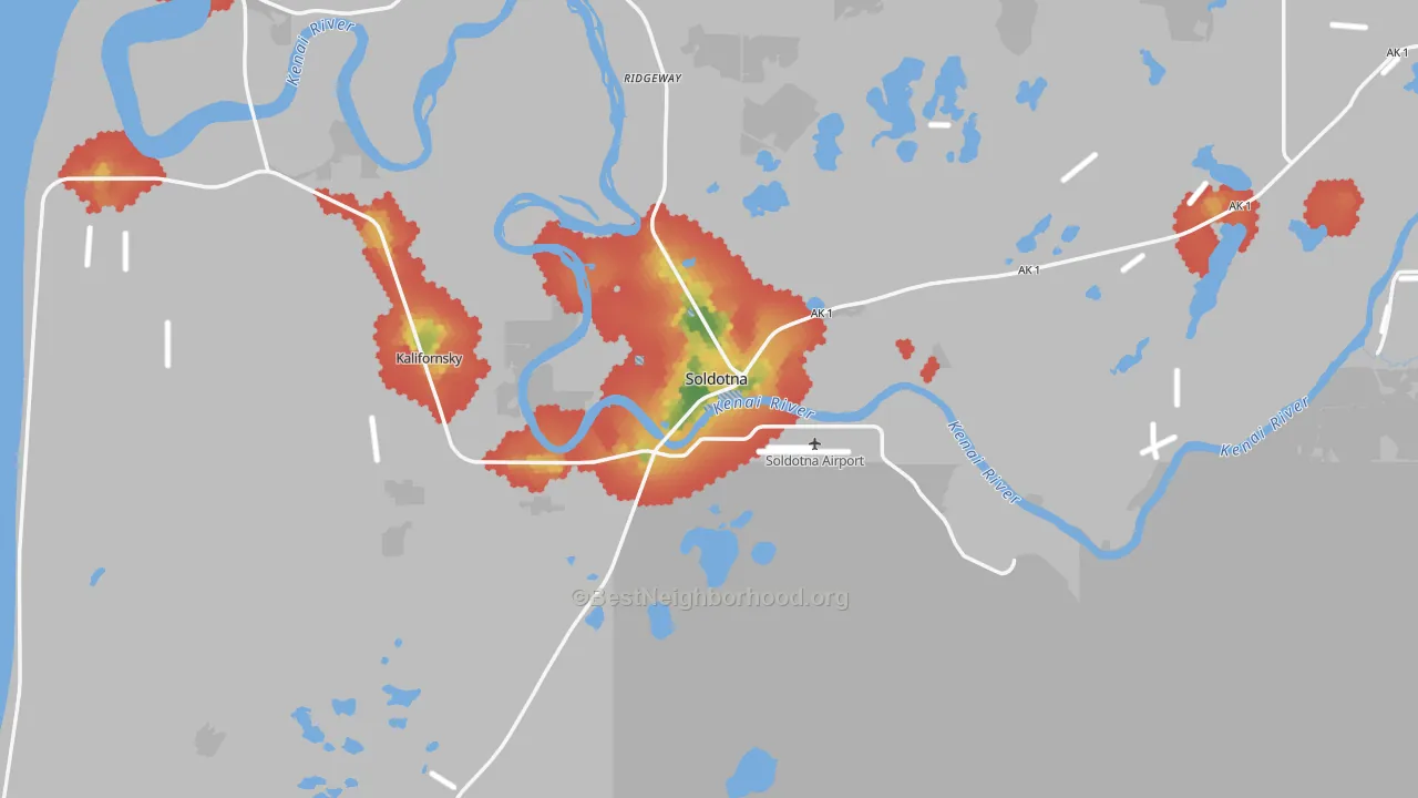 Walk Grade map of 99669, AK, walkable areas in green and car-dependent areas in red