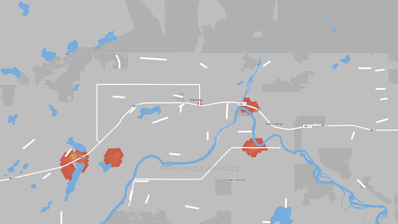 Walk Grade map of 99672, AK, walkable areas in green and car-dependent areas in red