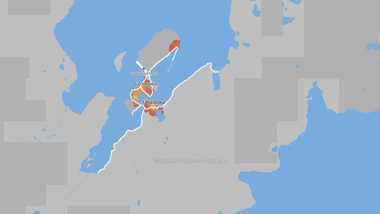 Walk Grade map of 99685, AK, walkable areas in green and car-dependent areas in red