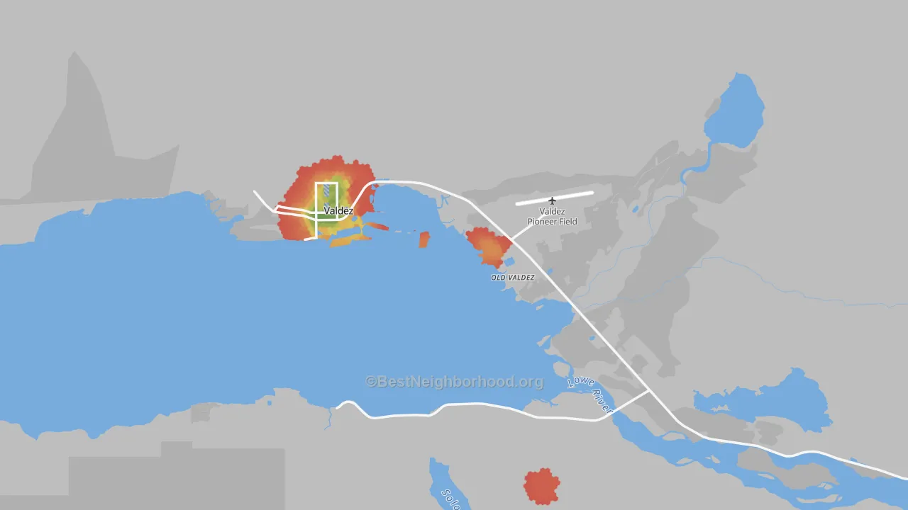 Walk Grade map of 99686, AK, walkable areas in green and car-dependent areas in red