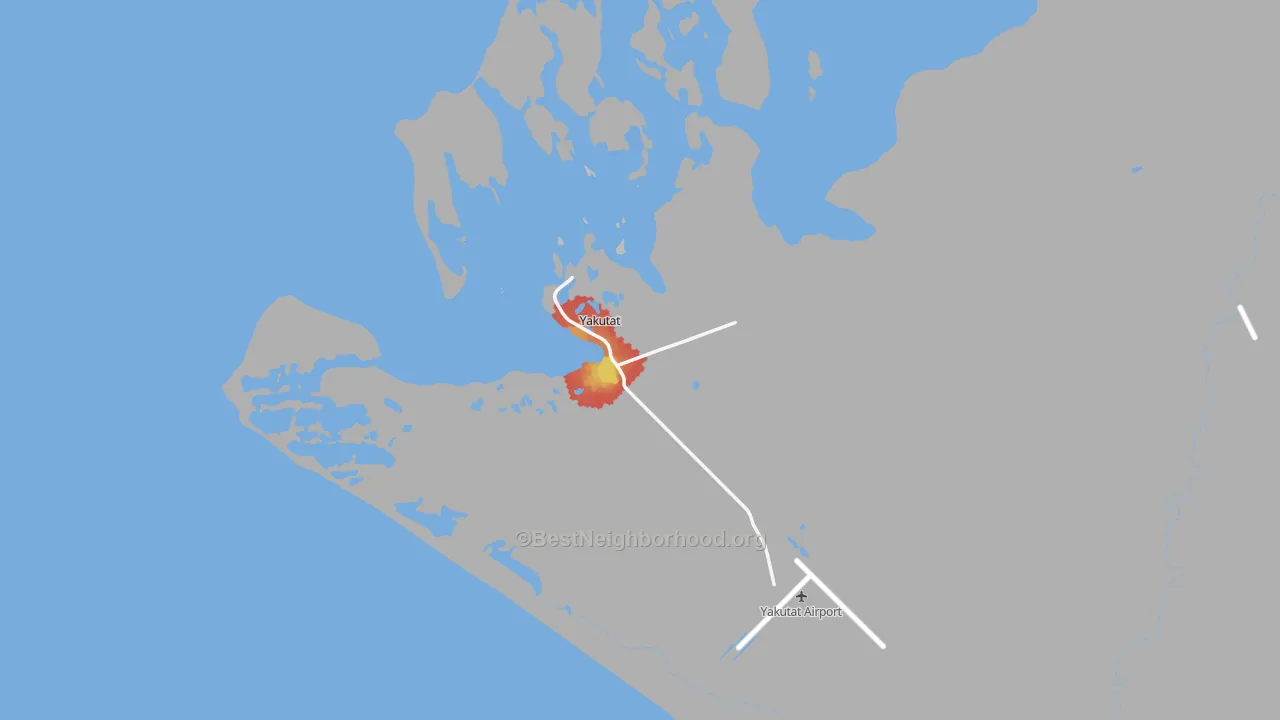 Walk Grade map of 99689, AK, walkable areas in green and car-dependent areas in red