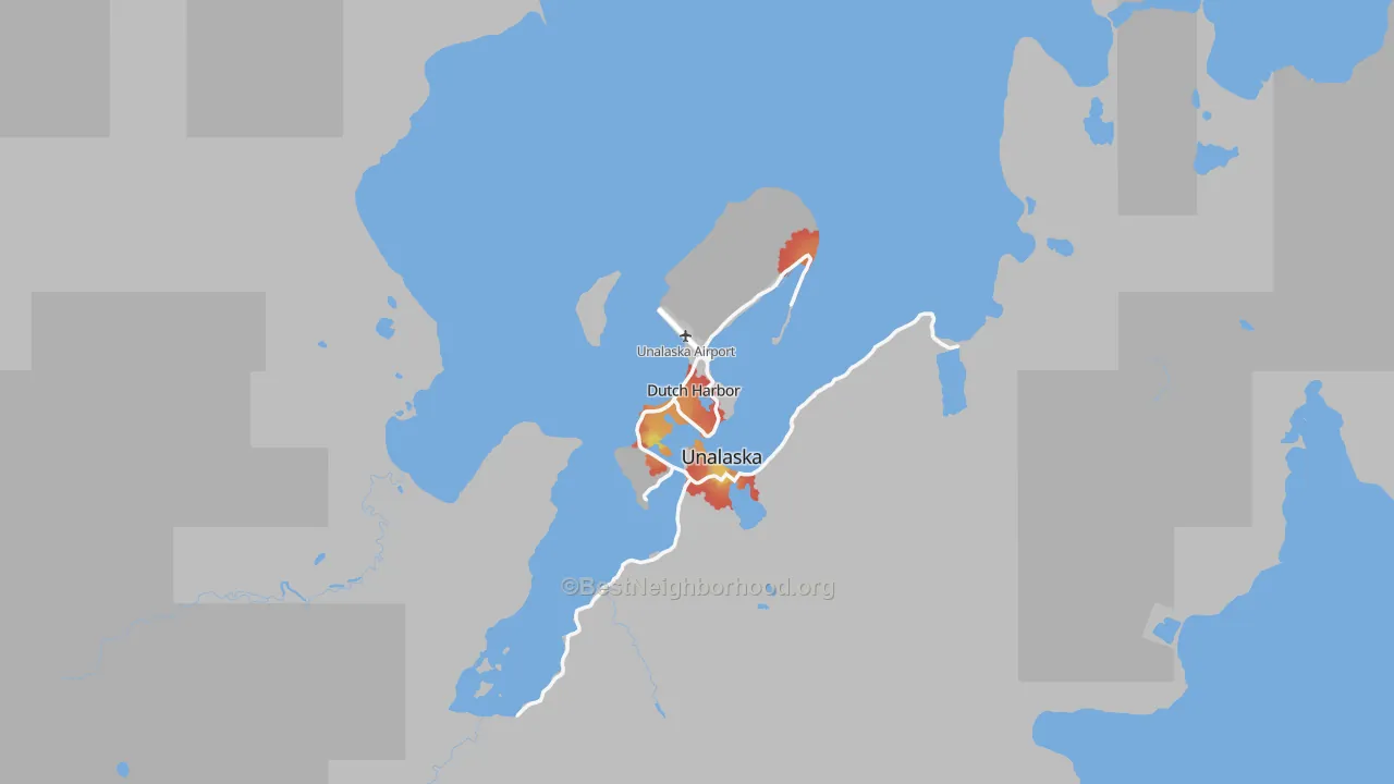 Walk Grade map of 99692, AK, walkable areas in green and car-dependent areas in red
