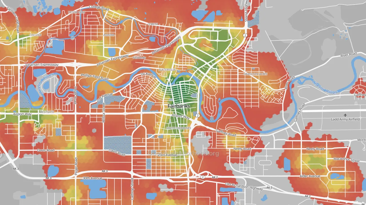 Walk Grade map of 99701, AK, walkable areas in green and car-dependent areas in red