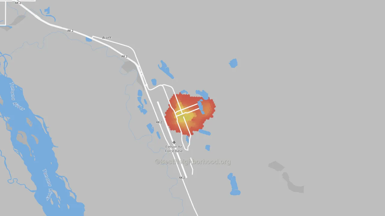Walk Grade map of 99702, AK, walkable areas in green and car-dependent areas in red