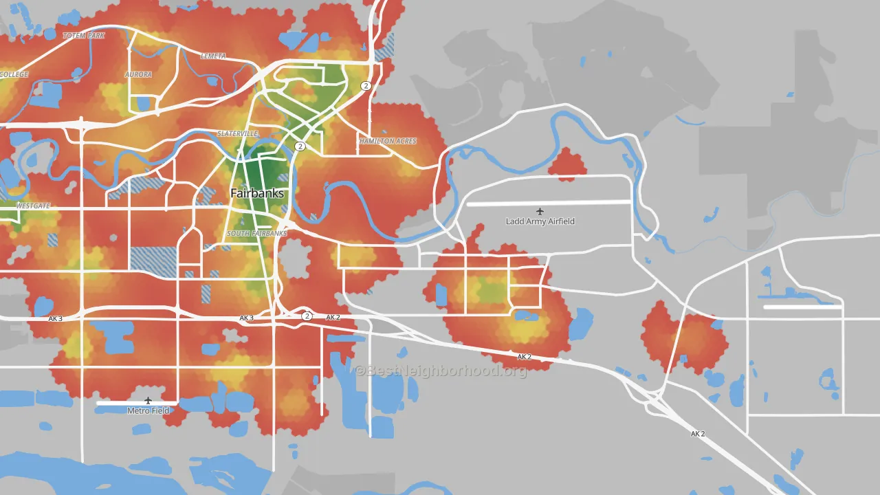 Walk Grade map of 99703, AK, walkable areas in green and car-dependent areas in red