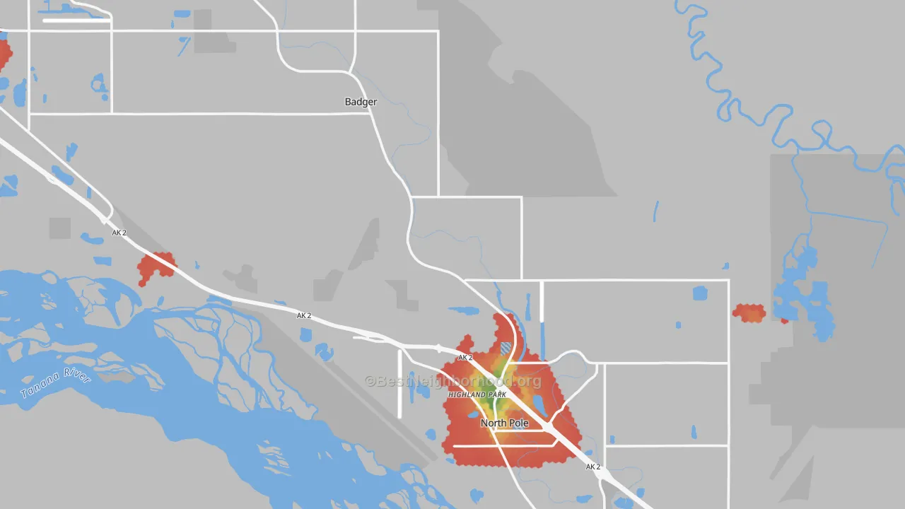 Walk Grade map of 99705, AK, walkable areas in green and car-dependent areas in red