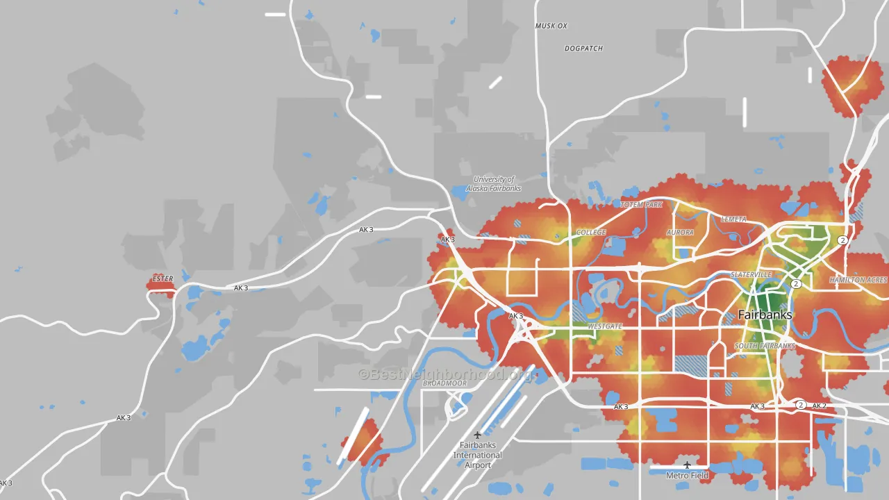 Walk Grade map of 99709, AK, walkable areas in green and car-dependent areas in red